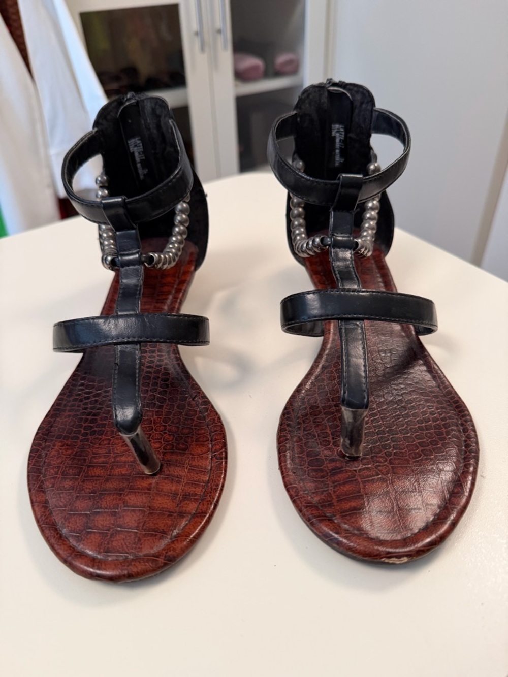 Bamboo Beaded Gladiator Sandals Black T-Strap Thong Flat Croc Embossed Footbed